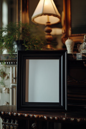 Mockup of a black photo frame on a vintage chest of drawersの素材