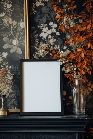 Black frame mockup on the fireplace in the living room with flowers.の素材
