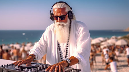 Portrait of senior man playing music on turntable at beachの素材