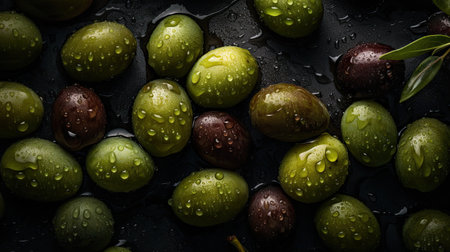 Black and green olives with drops of water on a black backgroundの素材