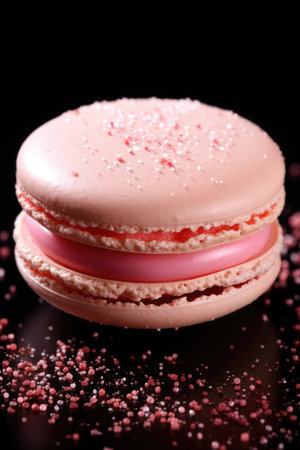 Macaroon with pink icing on a black background. Toned.の素材