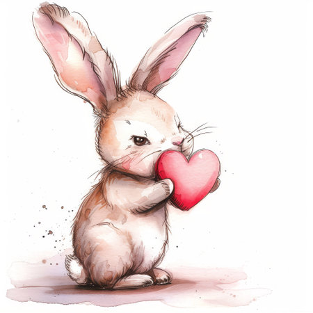 Cute cartoon bunny with heart. Watercolor hand drawn illustration.の素材