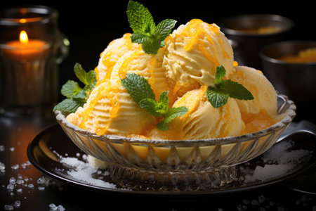 Scoops of mango ice cream in a glass bowl on a black backgroundの素材