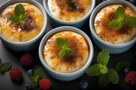 Creme brulee with raspberries and mint on a black backgroundの素材