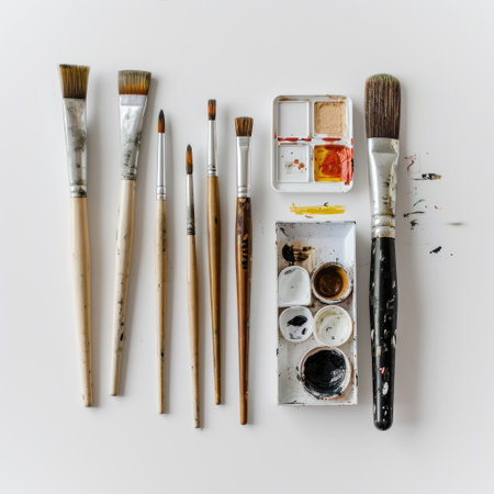 Paint brushes and paints on white background. Flat lay, top viewの素材