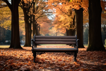 Bench in the autumn park with yellow maple leaves. Beautiful autumn landscape.の素材