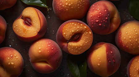Fresh ripe apricots with water drops on a dark background.の素材