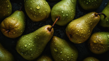 Ripe green pears with water drops on a black background.の素材