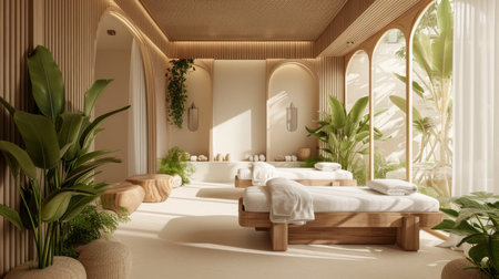Spa massage room with tropical plants. 3D rendering.の素材
