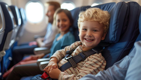family, travel, tourism and people concept - happy father and son sitting in airplane seatsの素材
