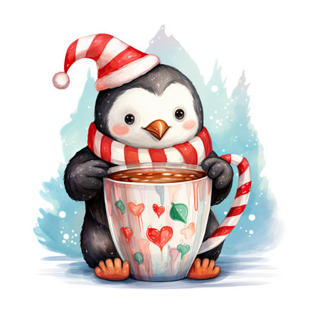 Cartoon Christmas penguin with cup of coffee illustration for childrenの素材