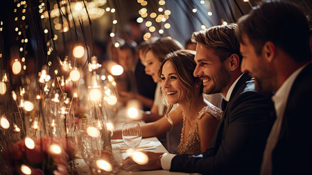 Wedding couple sitting at a table in a restaurant with lightsの素材