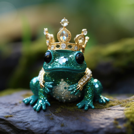 Cute little green frog with golden crown sitting on a rock.の素材