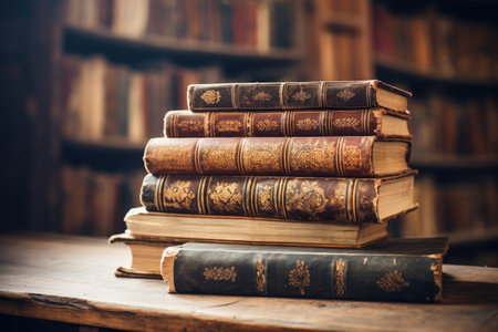 Books on the table in the library. Vintage style toned pictureの素材