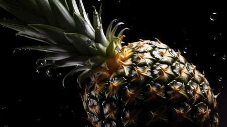 Pineapple with water drops on a black background. Close up.の素材