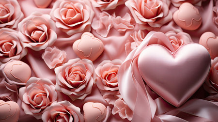 Valentines day background with pink roses and hearts. 3d renderingの素材
