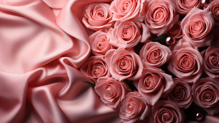 Beautiful bouquet of pink roses on fabric background, top viewの素材