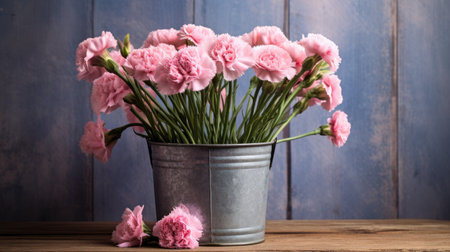 Bouquet of pink carnation flowers in metal vase on wooden backgroundの素材
