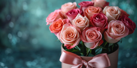 Bouquet of pink roses in a vase on a blue backgroundの素材