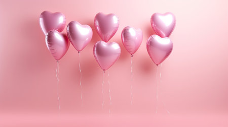 Pink heart shaped balloons on pastel pink background. 3D renderingの素材