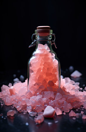Himalayan salt in a glass bottle on a black background.の素材