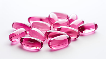 Capsules of vitamin D and vitamin E on white background.の素材