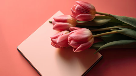Bouquet of pink tulips and a notebook on a red backgroundの素材