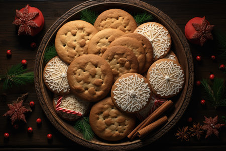 Christmas cookies in a wooden plate on a dark wooden background, top viewの素材