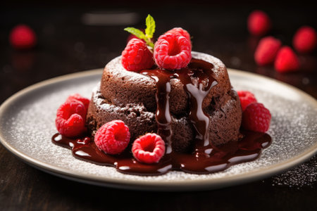 Chocolate fondant with raspberries and chocolate sauce on dark backgroundの素材