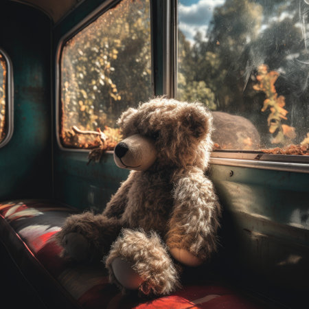 Teddy bear sitting in the train and looking out the window.の素材