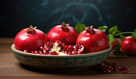 Ripe pomegranate fruit on a plate with green leavesの素材
