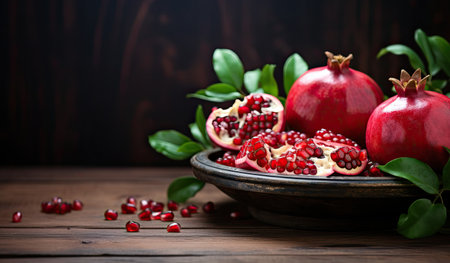 Ripe pomegranate fruit with leaves and seeds on wooden backgroundの素材