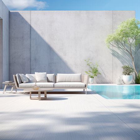 Luxury living room with swimming pool and white walls. 3d renderingの素材