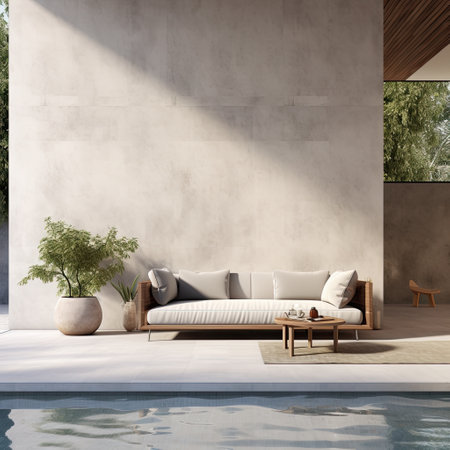 Interior of modern living room with white walls, concrete floor, sofa and wooden coffee table. 3d renderingの素材