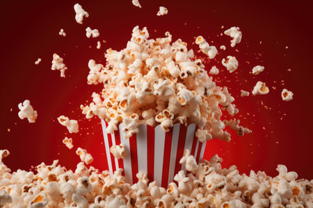 Popcorn falling in paper cup on red background. 3d renderingの素材