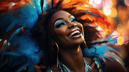 Beautiful african american woman in carnival costume at nightの素材
