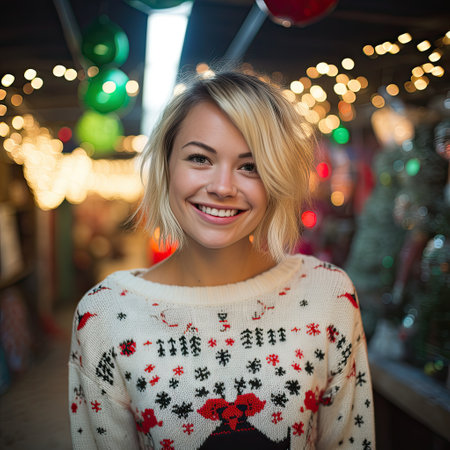 Portrait of a young beautiful blonde woman in a knitted sweater on the background of Christmas decorations.の素材