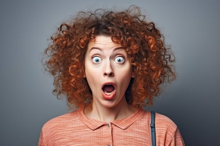 Surprised redhead woman with curly hair looking at camera.の素材
