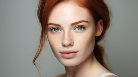 Close up portrait of beautiful young redhead woman with freckles.の素材