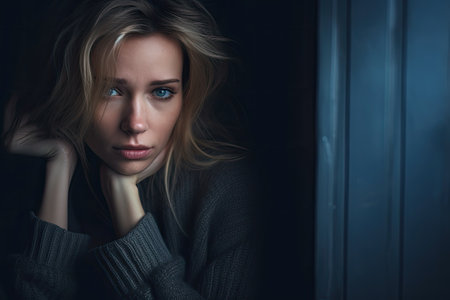 Portrait of a beautiful young woman with long blonde hair in a dark room.の素材