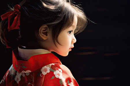 Japanese girl in a red kimono (3 years old)の素材
