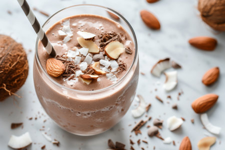 Glass of delicious chocolate smoothie with nuts on table, closeupの素材