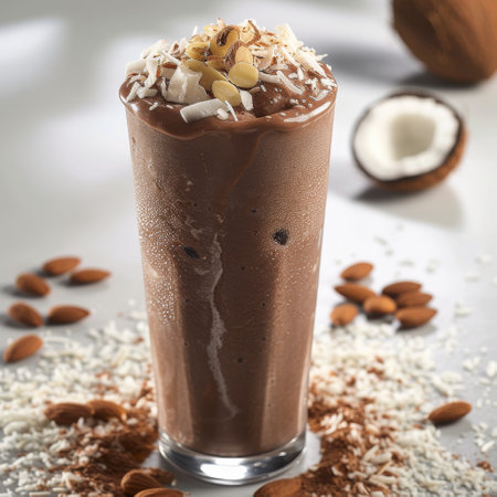 Chocolate smoothie with coconut flakes and almonds on white background.の素材