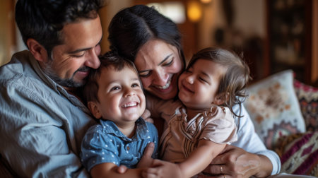 Portrait of happy family sitting on sofa in living room at homeの素材