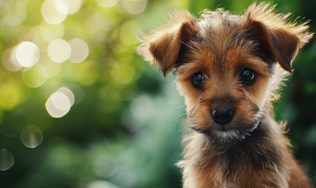 Cute little dog on green bokeh background, closeupの素材