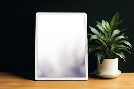Tablet computer with blank screen and plant on wooden table. Mock upの素材