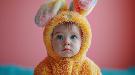 Cute little baby boy wearing bunny costume. Portrait of a cute child.の素材