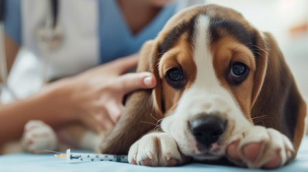 Cropped shot of veterinarian examining sick beagle dog at vet clinicの素材