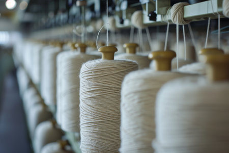 spool of thread in a textile factory, closeup of photoの素材
