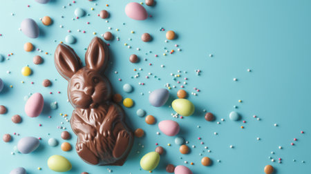 Easter chocolate bunny and colored eggs on blue background, flat layの素材